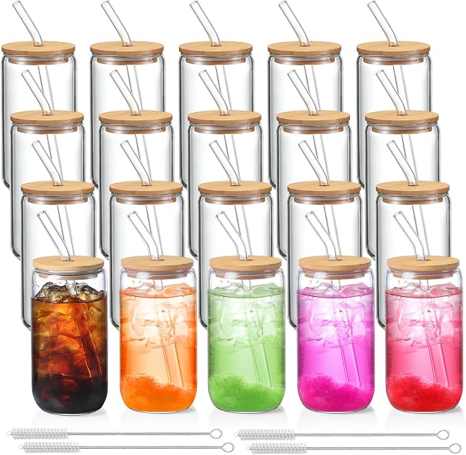 NETANY 20 Pack Glass Cups with Lids and Straws 16 oz, Personalized Customizable by NETANY