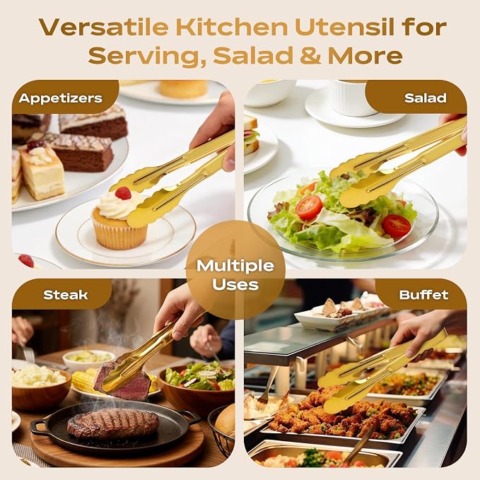 6 Pack Stainless Steel Serving Tongs, 9 Inch Gold Salad Tongs Serving Utensils - Image 6