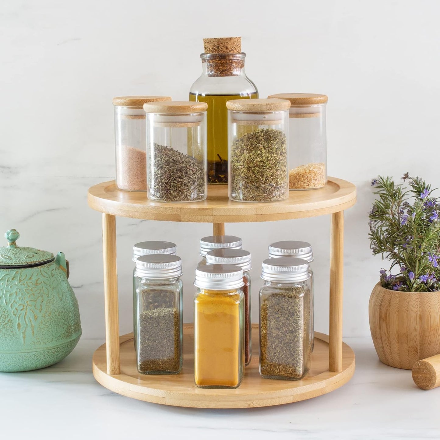 Two-Tier Bamboo Wood Lazy Susan Organizer Kitchen Turntable for Cabinet, Table or Pantry Organization