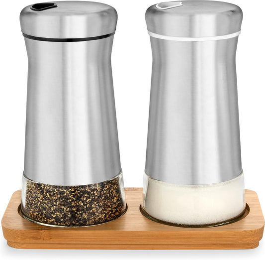 Salt and Pepper Shakers set with Adjustable Pour Holes - Elegant Stainless Steel Spice Dispenser - Perfect for Himalayan, Table Salt, White and Black Pepper (Salt & Pepper Shakers Set + Bamboo Stand)