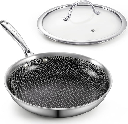 Cooks Standard Hybrid Nonstick Frying Pan, 12-Inch Skillet, Multi-Ply Clad Stainless Steel Fry Pan with Tempered Glass Lids, Oven Safe, Compatible with All Stovetops