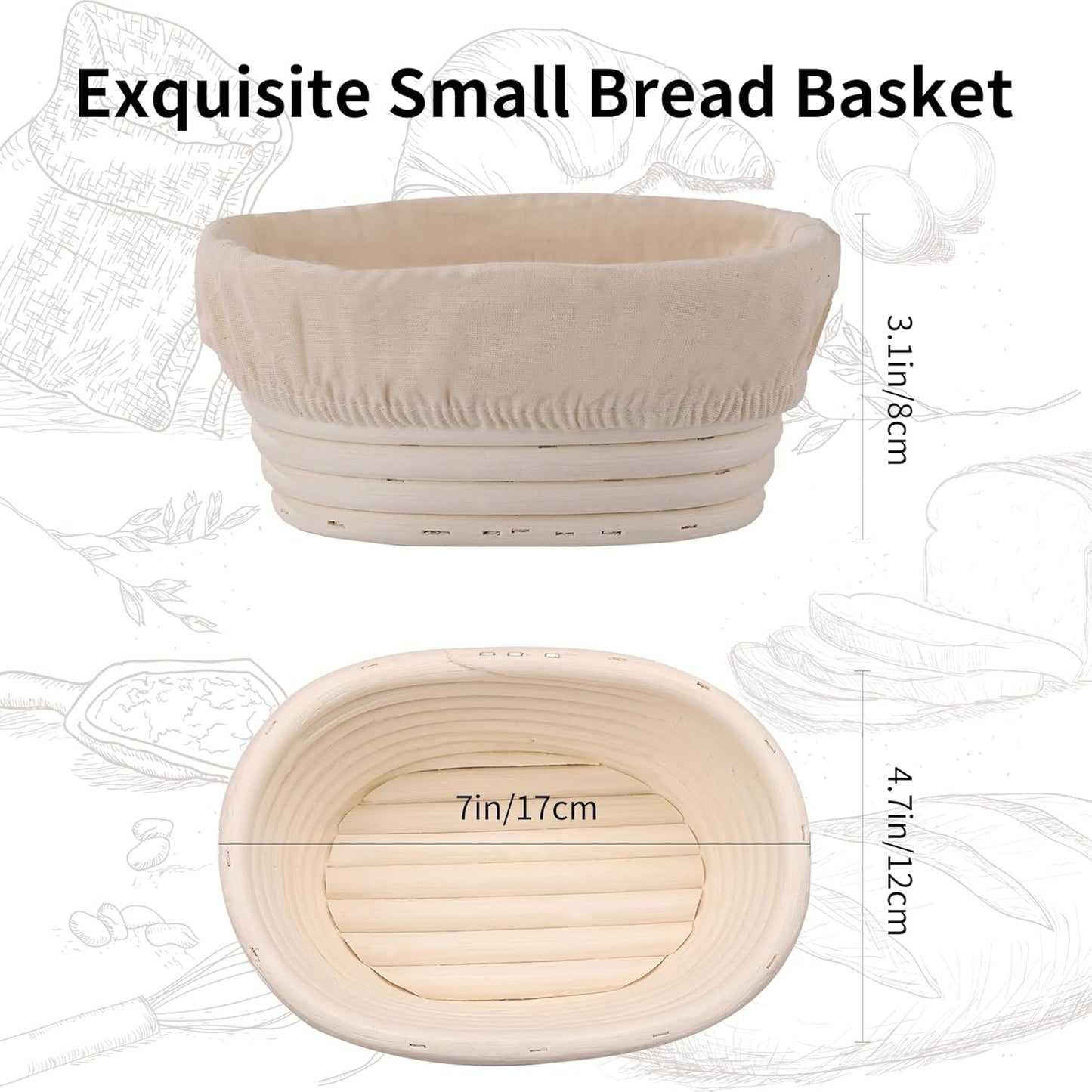 (6.7x4.7x3in) Mini Banneton Bread Proofing Basket Set of 6, Oval Sourdough Bread Basket with Liner Professional & Home Bread Baking Supplies (Small Oval)