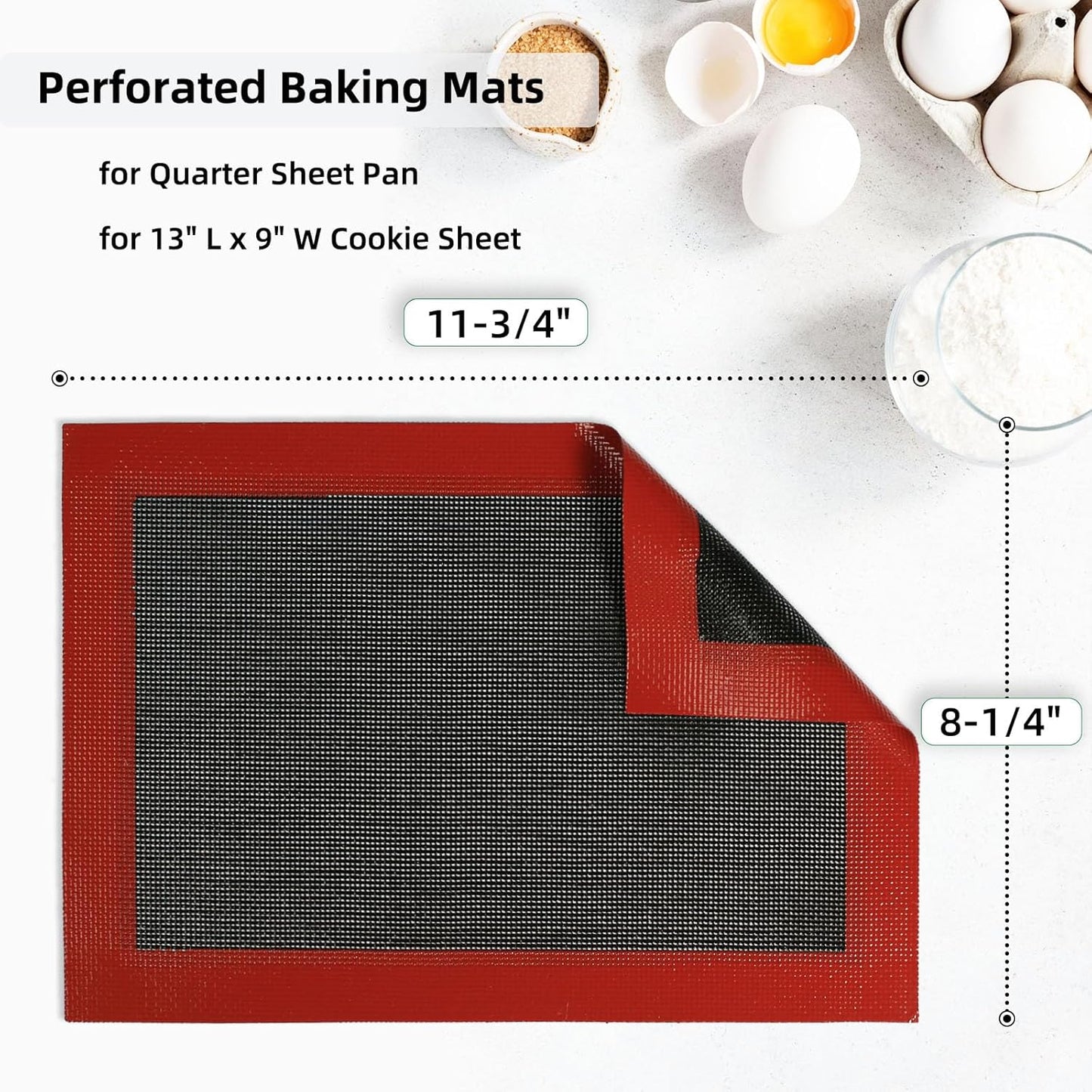 Perforated Silicone Baking Mats for Quarter Sheet, 2 Pcs Non-Stick Eclair Baking Mats for 9x13 Cookie Sheet, Reusable Baking Sheet Liners Compatible with Nordic Ware Naturals Quarter Sheet