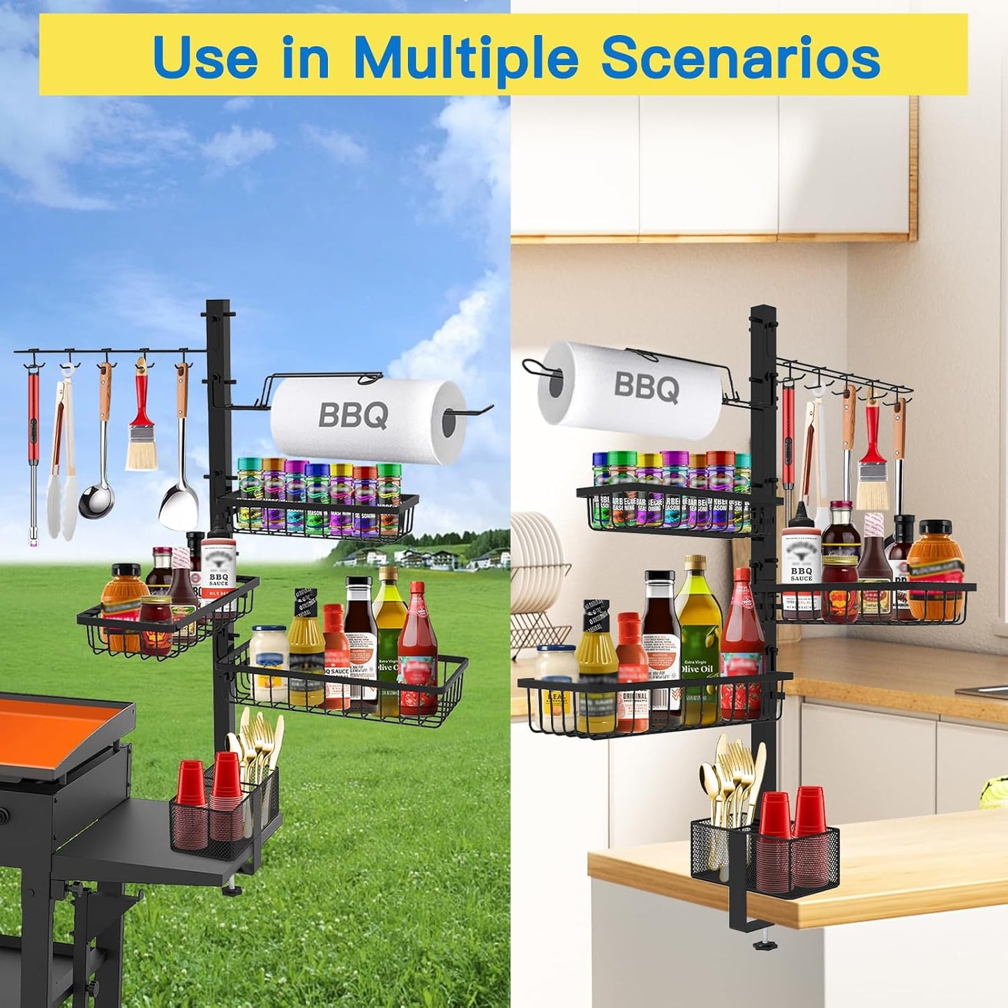 Griddle Caddy for Blackstone Griddle Accessories, BBQ Grill Caddy with Paper Towel Holder, Outdoor Kitchen Accessories for Camper, Grill Accessories Organizer, Picnic Utensil Condiment Caddy