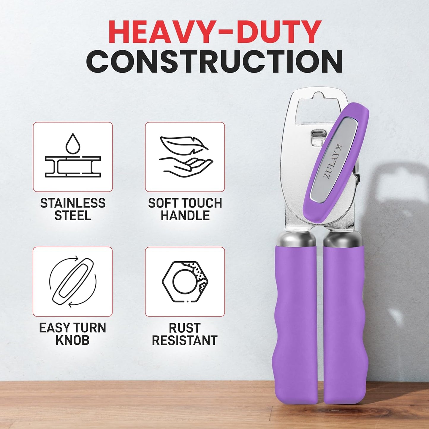 Zulay Kitchen Heavy Duty Stainless Steel Can Opener Manual with Bottle Opener - Rust Proof Manual Can Opener With Turn Knob & Comfy Soft Grip Handles - Purple