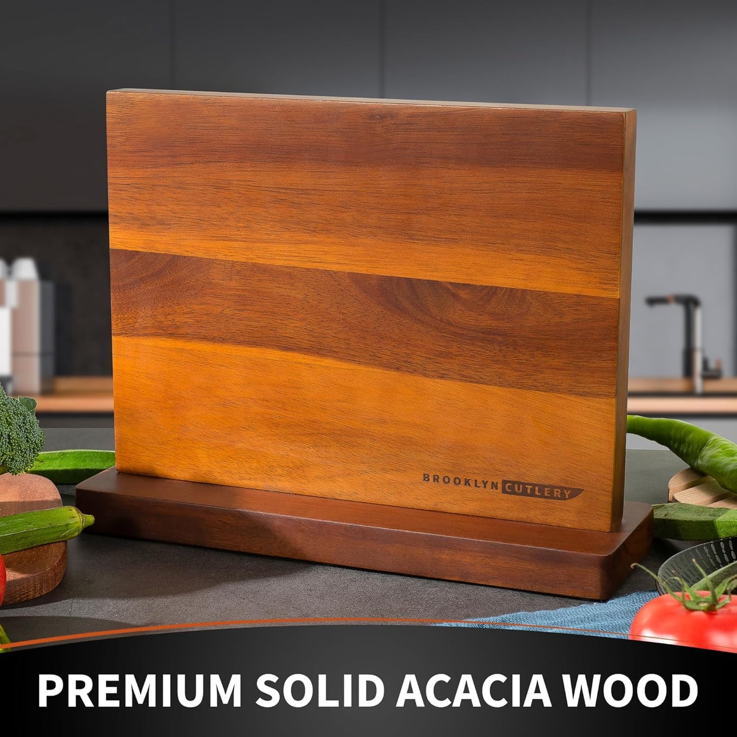 Magnetic Knife Block, Acacia Wood Magnetic Knife Holder for Kitchen Counter Universal Knife Block Without Knives (12 x 10)