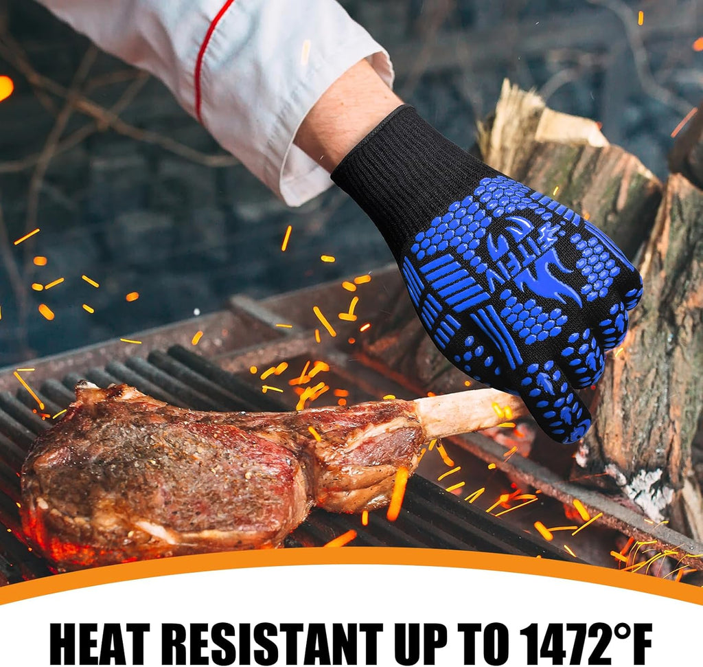 BBQ Gloves, Oven Gloves, Extreme Heat Resistant Barbecue Gloves, Silicone Non-Slip Oven Mitts, Kitchen Gloves for Cooking, Grilling, and Baking (Blue)