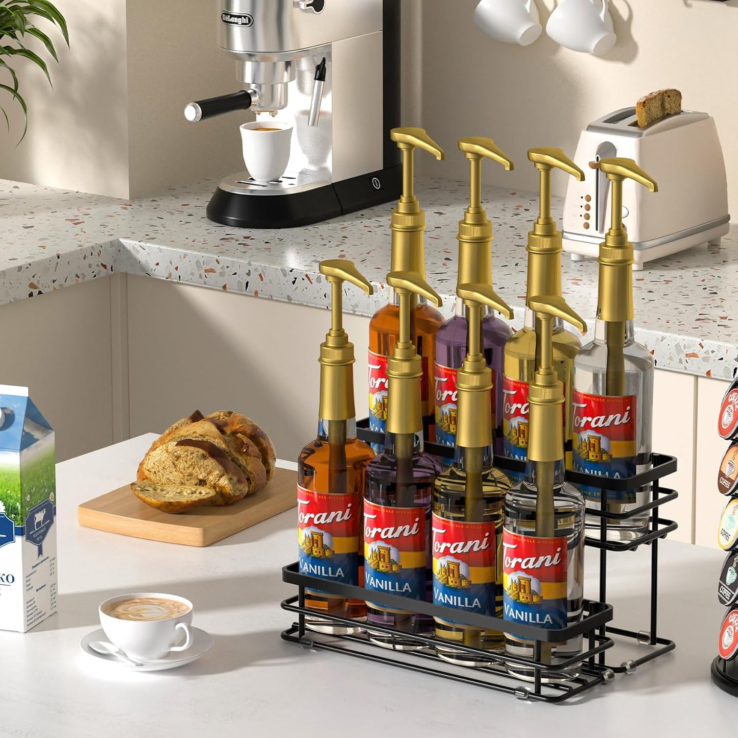 Coffee Syrup Rack Organizer, Syrup Bottle Holder Stand for Coffee Bar, 2-Tier 8 Bottles Storage Shelves for Syrup, Wine, Dressing for Kitchen Countertop (8 Bottles Black)