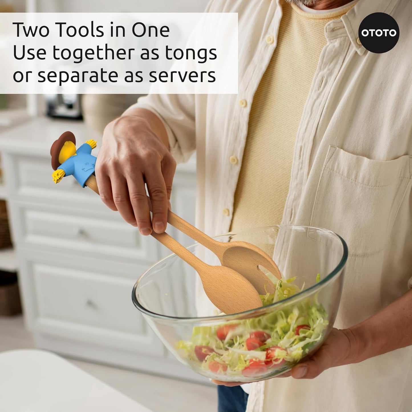 NEW - OTOTO Sal Scarecrow Salad Tongs (2-Piece) - Wooden Tongs Set, Food Safe Toaster Tongs for Serving, Cute Kitchen Tongs, Cool Kitchen Gadgets Accessories, Funny Gifts, Mini Tongs (Blue)