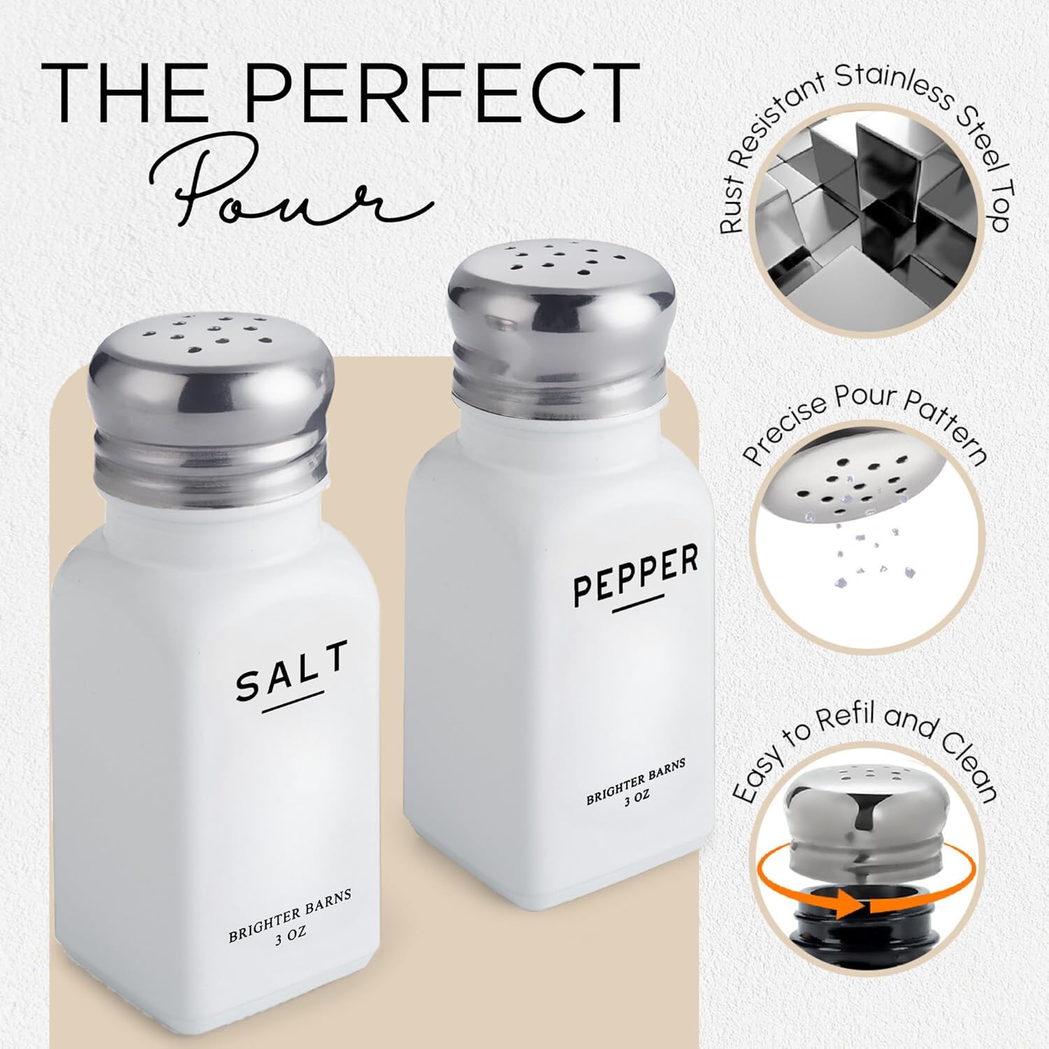 White Salt and Pepper Shakers Set by Brighter Barns - Dining Table Decor, Countertop Accessory - Neutral Minimalist Glass Salt Shaker - Modern Kitchen Accessories for Restaurant, Hotel, Airbnb (White)