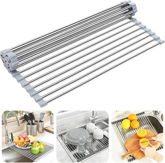 Searik Roll up Dish Drying Rack, Over The Sink Rolling Dish Drainer Rack Multipurpose Foldable Kitchen Stainless Steel Dish Rack Sink Drying Rack for Kitchen Sink Counter (17"x 15.7")