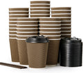 LITOPAK 80 Pack 12 oz Paper Coffee Cups, Insulated Ripple Wall Hot Coffee Cups with Lid and Straws, Brown Three Layer Insulated Hot Beverage Cups for Parties, Picnic, and Travel