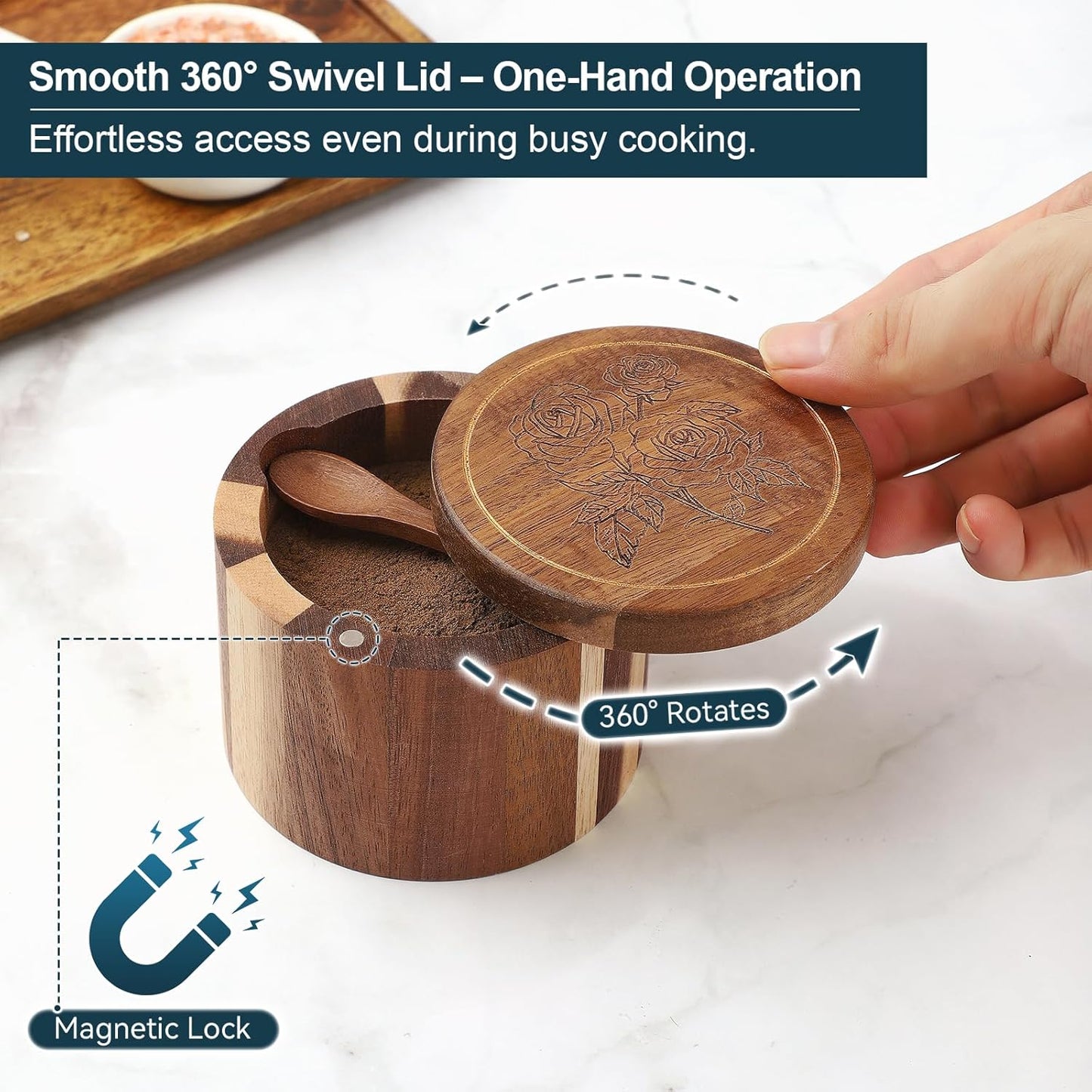 Salt Cellar, 2PCS Salt Container Acacia Wood Salt and Pepper Box for Countertop with Built-in Spoon & Swivel Lid, Wood Salt Holder Bowl for Kitchen, Seasoning Storage (Rose & Bird Engraving)