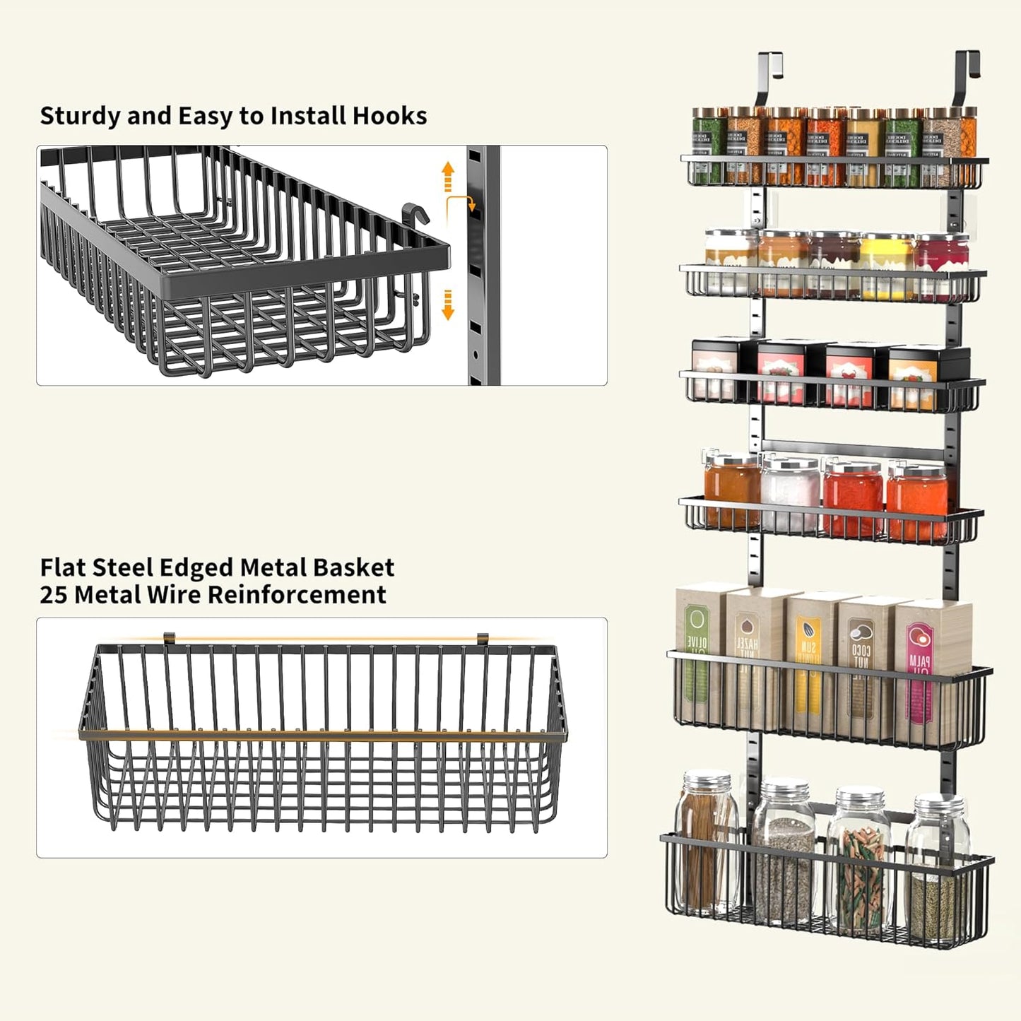 Moforoco 6-Tier Over The Door Pantry Organizer, Pantry Organization and Storage, Black Hanging Basket Wall Spice Rack Seasoning Shelves, Home & Kitchen Laundry Room Bathroom Essentials accessories