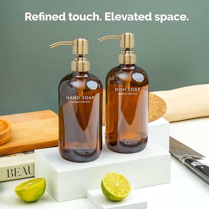 Vine Creations Amber Glass Soap Dispenser Set, Dish Soap and Hand Soap - Image 6