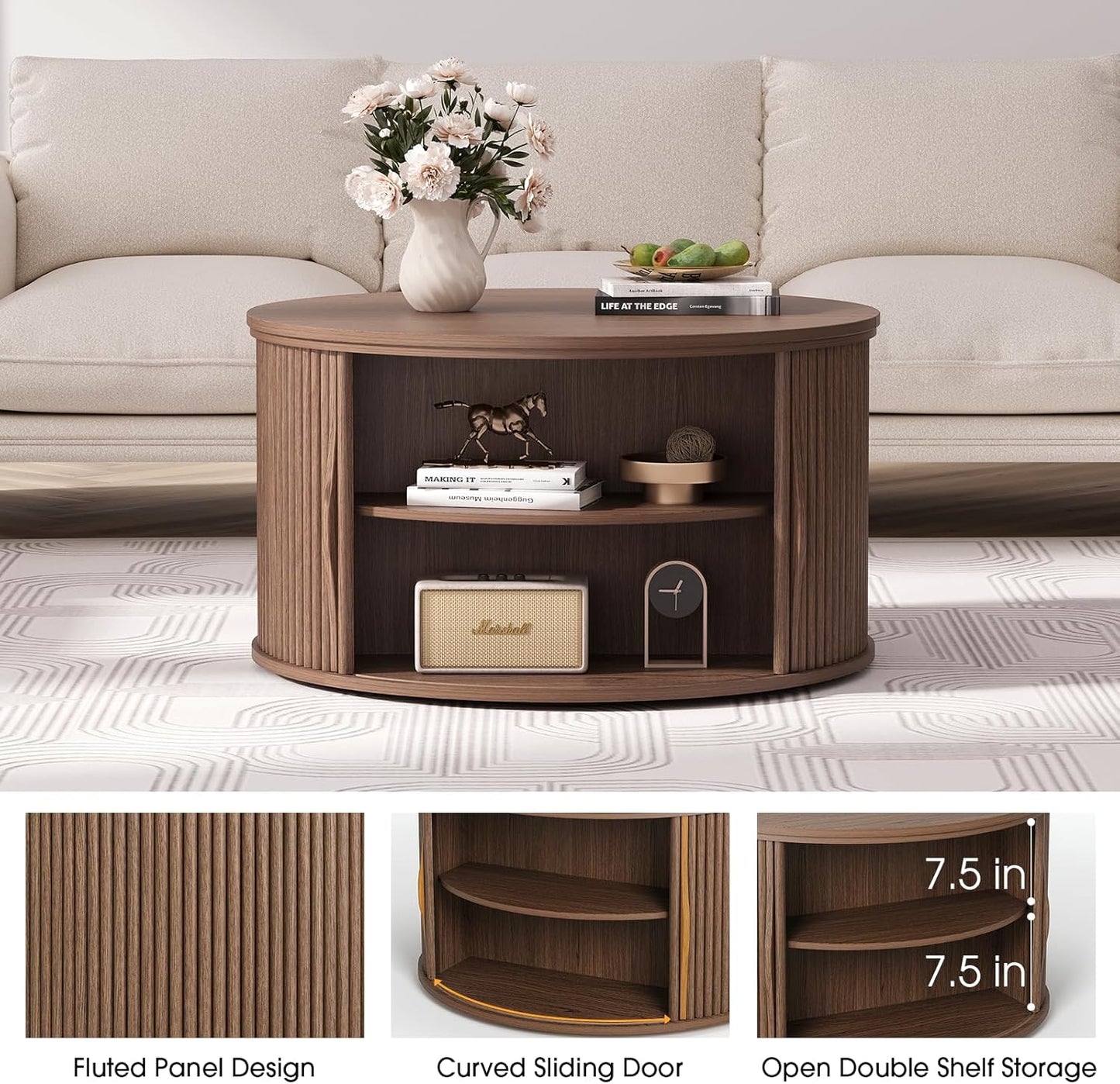 Lift Top Coffee Table,31.5” Mid Century Modern Center Table with Hidden Storage,Round Fluted Coffee Tables for Living Room, Home Office,Walnut