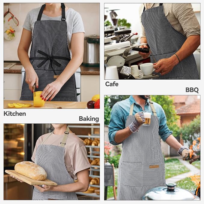 NLUS 2 Pcs Kitchen Cooking Aprons, Poly/Cotton Blend Adjustable Soft Bib Stripe - Image 7