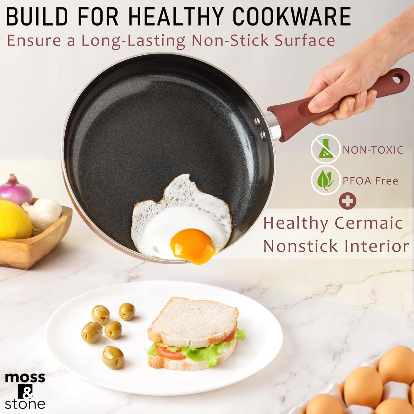 Moss & Stone 6 Pcs Nonstick Cookware Set, Pots And Pans Set Non stick With Glass Lid, Induction Cookware, Stay-Cool Handle PTFE/PFOA Kitchen Pots 6-Piece with Frying Pans & Saucepan, Burgundy