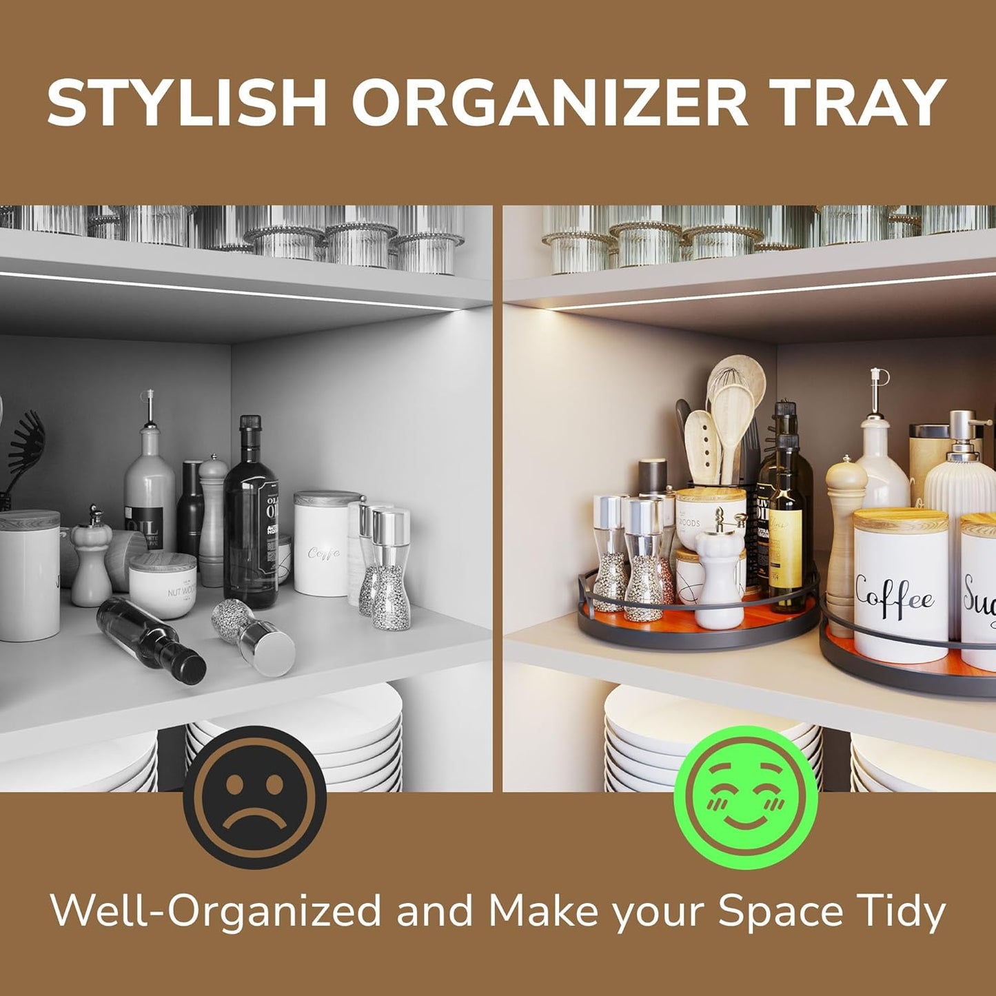 Lazy Susan Organizer - 10'' Wooden Lazy Susan for Table Top - Turntable Tray for Cabinet - Kitchen Countertop Organizer - Small Rotating Tray for Dining Table