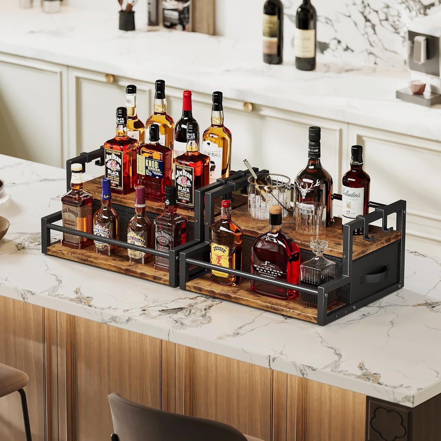 Coffee Syrup Organizer Rack, 2-Tier Coffee Bar Accessories, Bottle Holder Stand with K Cup Storage Drawer for Coffee bar, Wine Rack, Storage Shelves for Syrup. (Rustic Brown)