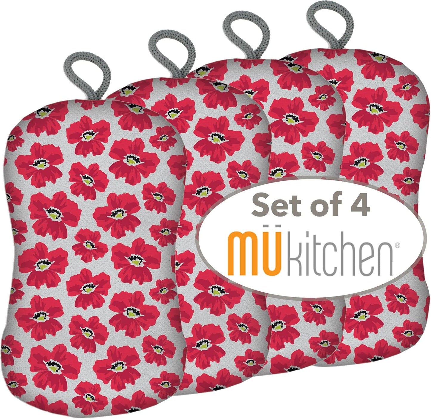 MÜkitchen Premuim Sponge for Dishes and Household Cleaning | Microfiber Print and Non-Scratch Scrub Pad | Set of 4 | (Petals)