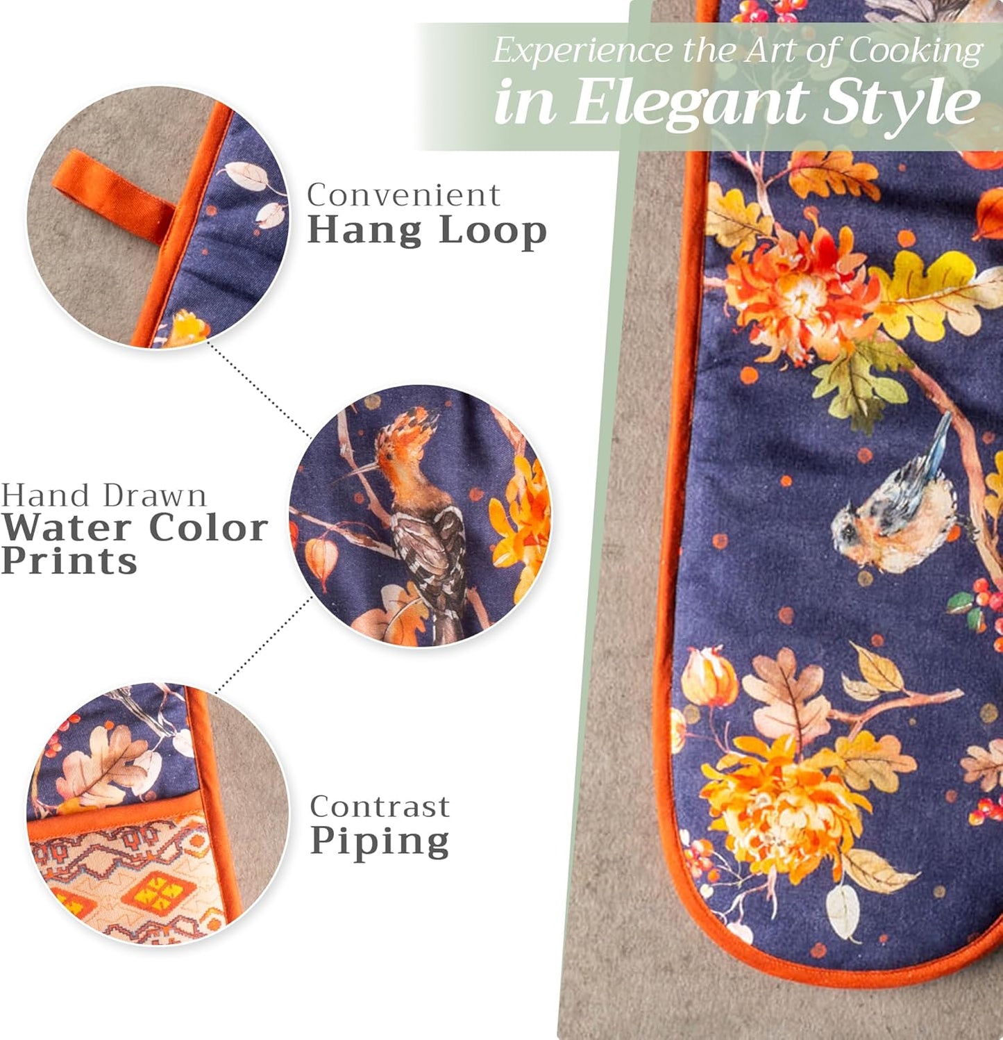 Maison d' Hermine Double Oven Mitt 100% Cotton Heat Resistant Cooking Gloves with Loop, Baking Barbeque, Handling Hot Pan, Kelim - Infinity - Thanksgiving/Christmas (7 Inch x 35 Inch)