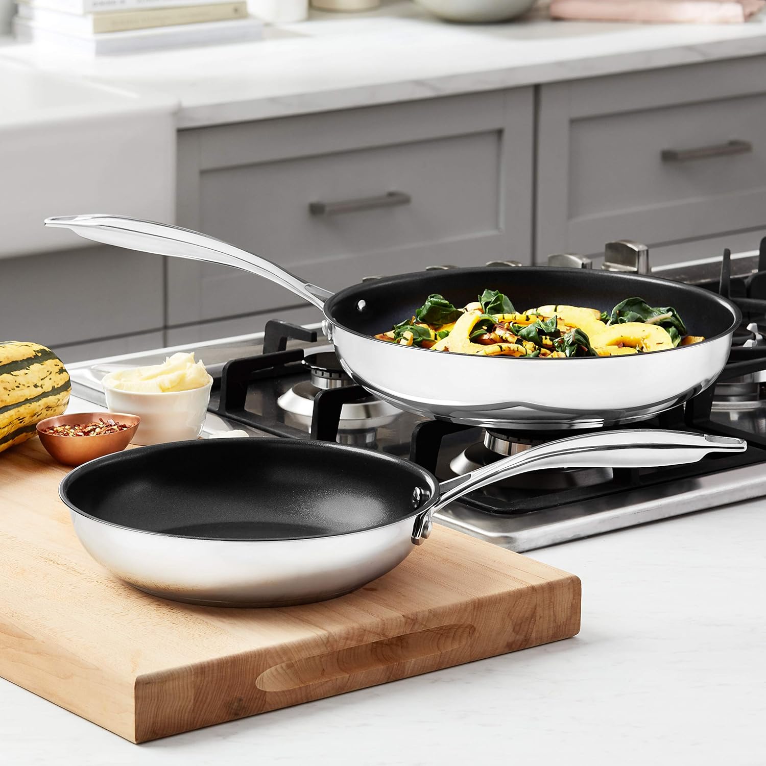 Amazon Basics 2-Piece Non-Stick Stainless Steel Fry Pan Set, Oven and Induction Safe, 10-Inch and 8-Inch
