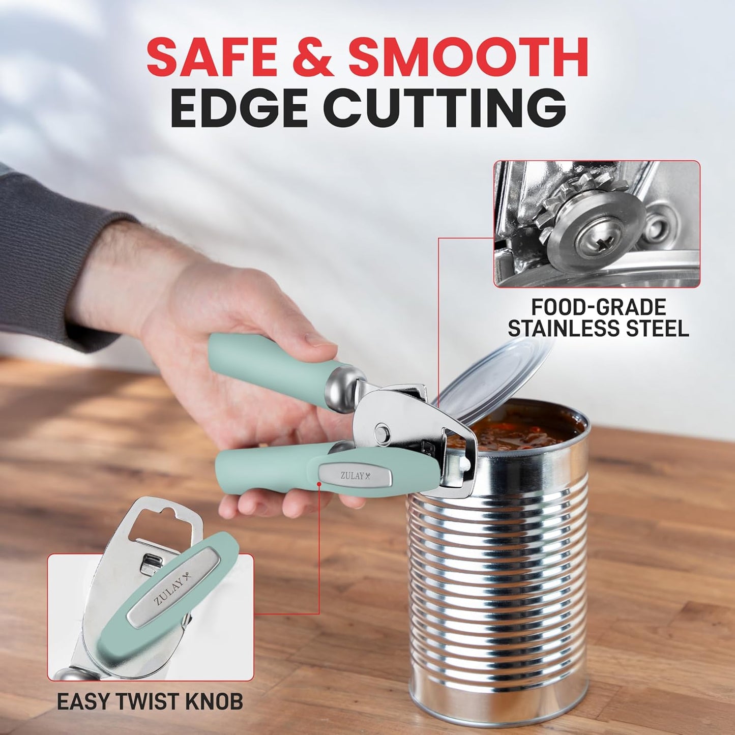 Zulay Kitchen Heavy Duty Stainless Steel Can Opener Manual with Bottle Opener - Rust Proof Manual Can Opener With Turn Knob & Comfy Soft Grip Handles - Mint