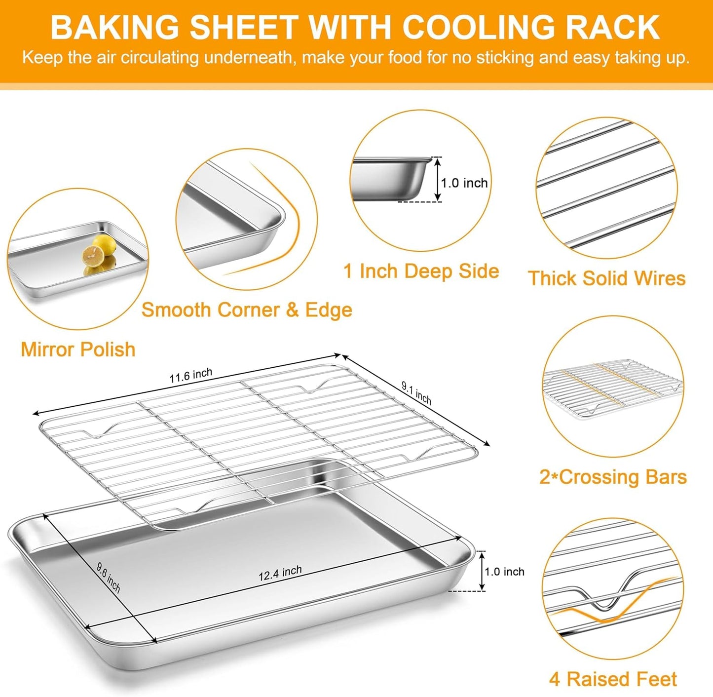 Homikit Baking Sheet with Rack, 9x13 Stainless Steel Quarter Sheet Pan with Wire Cooling Rack Set for Toaster Oven Roasting, Metal Bacon Cookie Trays Nonstick & Rust Free, Dishwasher Safe