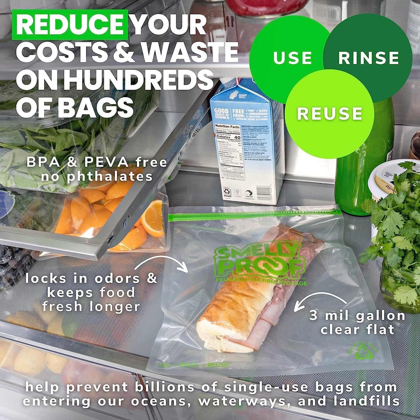 Reusable Storage Bags for Food by Smelly Proof Bags - MADE IN USA, Easy Clean, Dishwasher-Safe, BPA FREE, NO PEVA, XXL 3-mil 2-Gallon Thick Bags, Extra Large Clear FLAT 12" x 16" 15-Pack