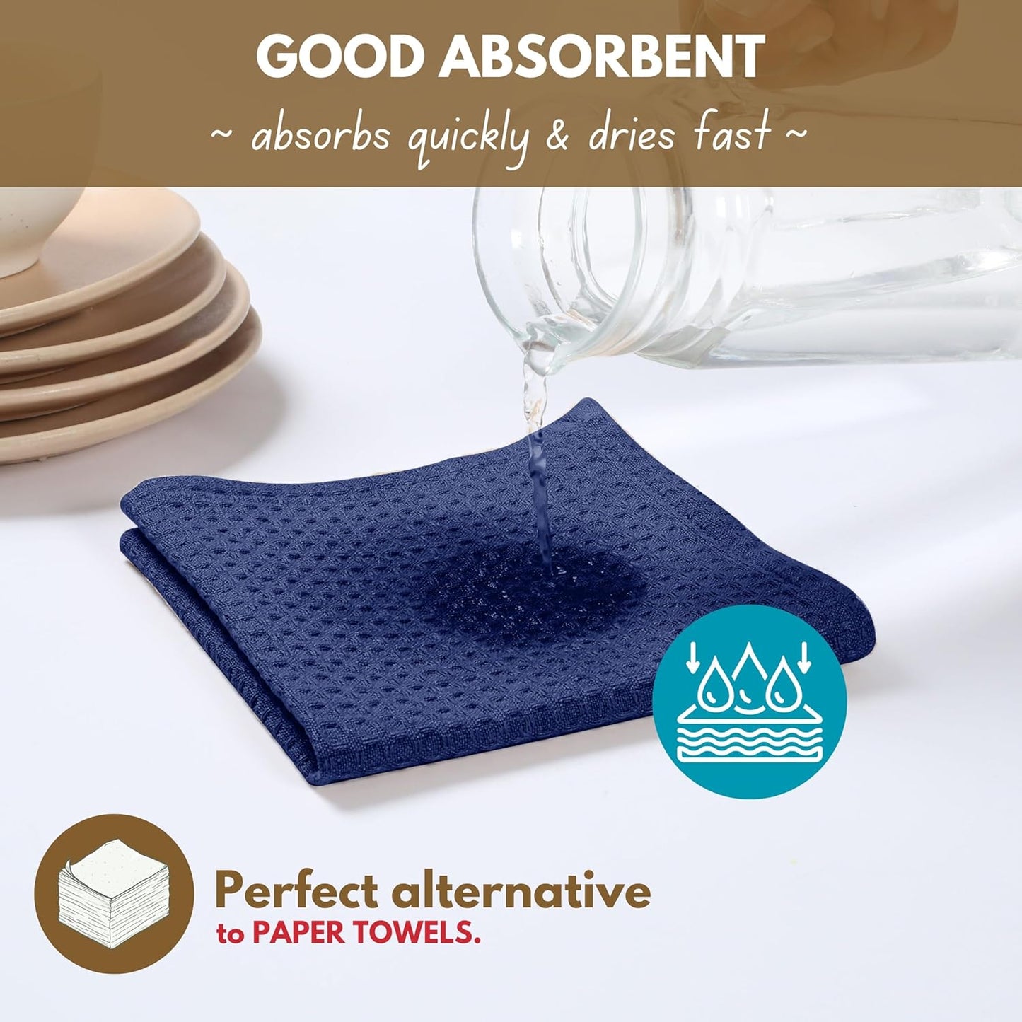Native Fab Waffle Kitchen Towels - 12 Pack, 100% Cotton Soft, Absorbent, Durable, Washable Dish Towels, Quick Drying, Dishcloths for Cleaning, Cooking, Everyday Kitchen Tasks, 16x26 inches - Ink Blue