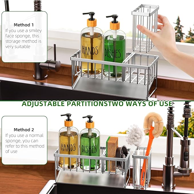 Cisily Kitchen Dish Soap Dispenser Set Stainless Steel Sponge Holder and 2 Pack - Image 4