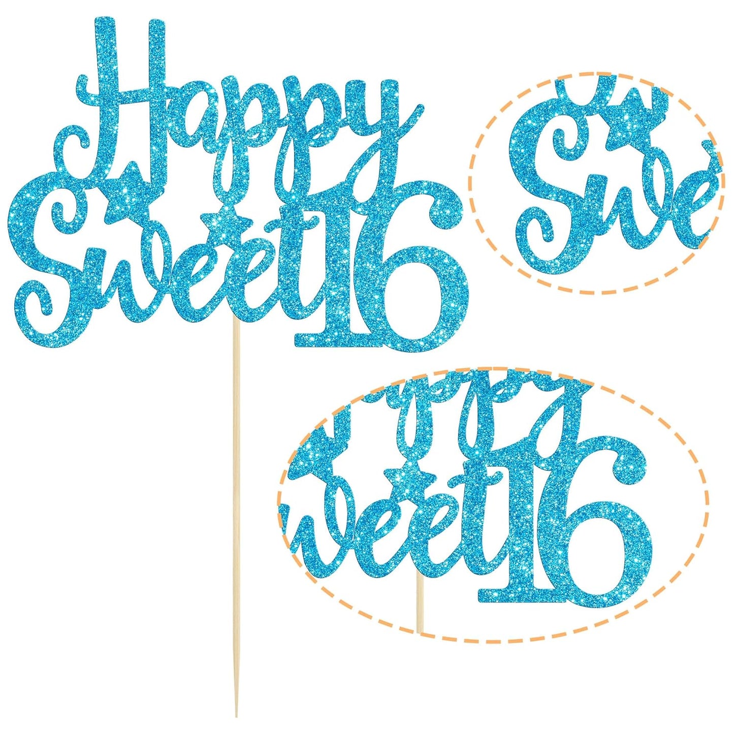 Gyufise 1Pc Happy Sweet 16 Cake Topper Glitter 16th Birthday Cake Pick for Cheers to 16 Years Old 16th Birthday Party Cake Decorations Supplies Light Blue