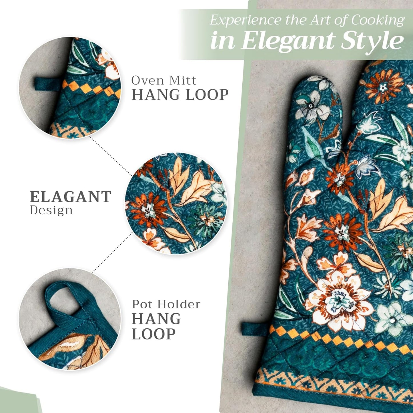 Maison d' Hermine 100% Cotton Oven Mitt & Pot Holder Set (7.5"x13" & 8"x8") Heat Resistant BBQ Cooking Gloves with Loop, Baking, Grilling, Kitchen, Handling Hot Pans (Luxury Loft-Dark Teal)