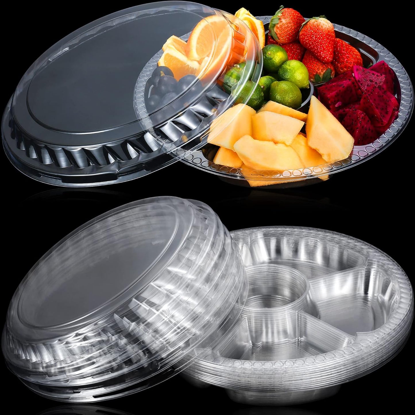 12 Pack Round Plastic Veggie Tray with Lid Fruit Tray 6 Divided Compartment Container Food Serving Dip Platter Reusable Catering Trays for Veggie Fruit Snack Party and Buffet Trays（Clear，12inch）