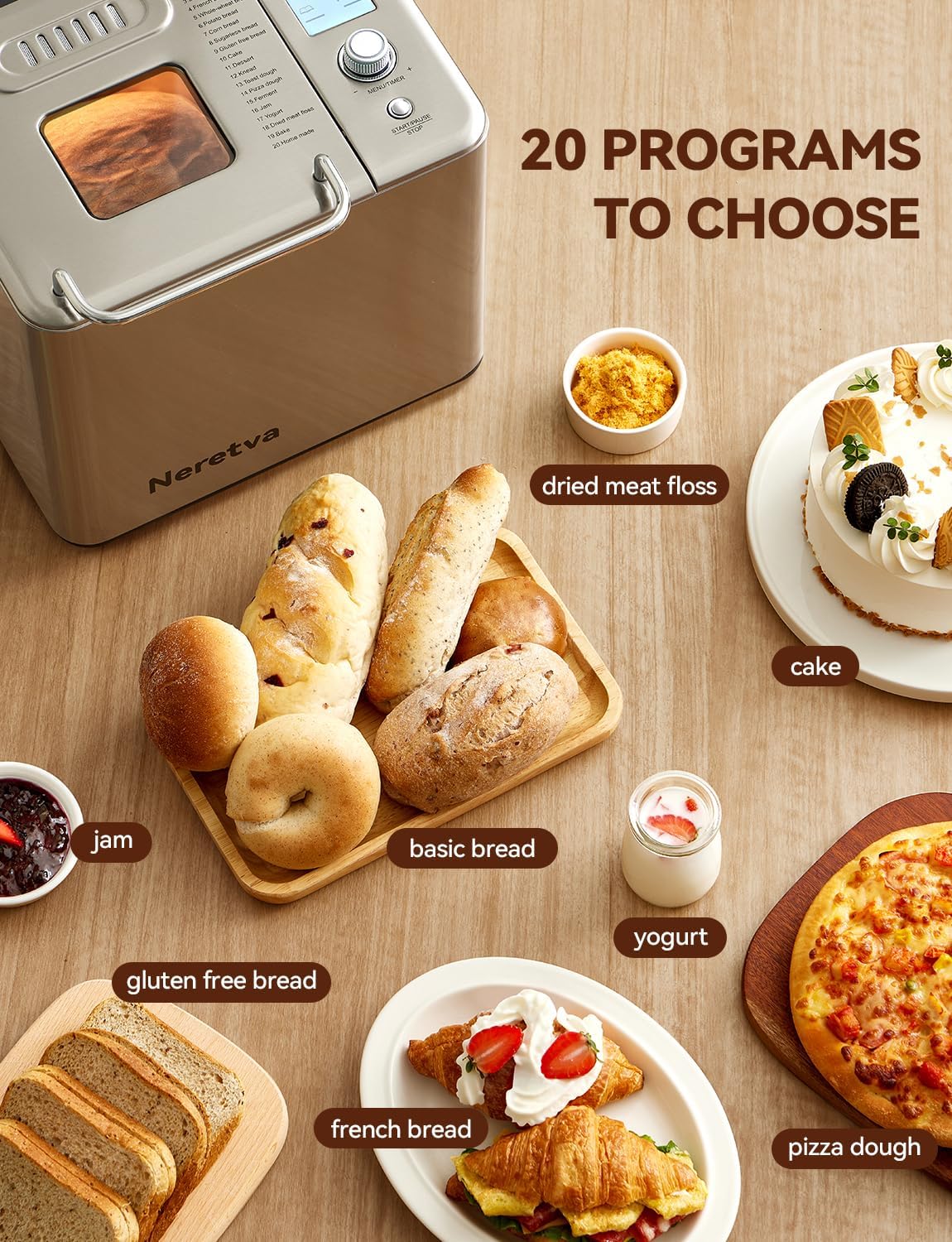 Neretva Bread Maker, 20-IN-1 2LB Bread Machine Dual Heater Bread Maker Machine Automatic with Nonstick Ceramic Pan, 15H Timer & 1H Keep Warm Set, Low Noise, Stainless Steel Breadmaker Recipe-Silver