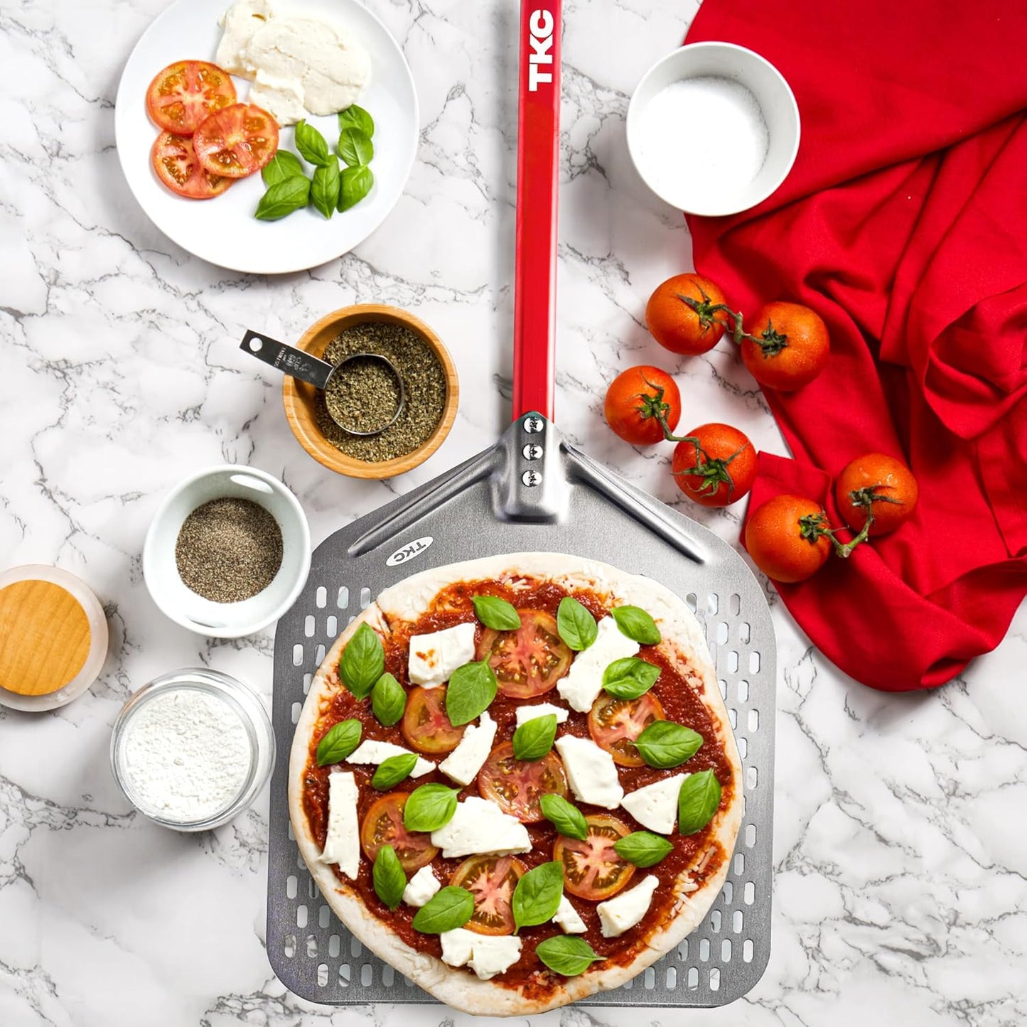 TKC 14” Perforated Pizza Peel – 31 Inch Long Handle Perforated Aluminium Pizza Paddle – Lightweight Pizza Turning Peel – Commercial Grade Pizza Spatula - Outdoor Pizza Oven Accessories - (Silver/Red)