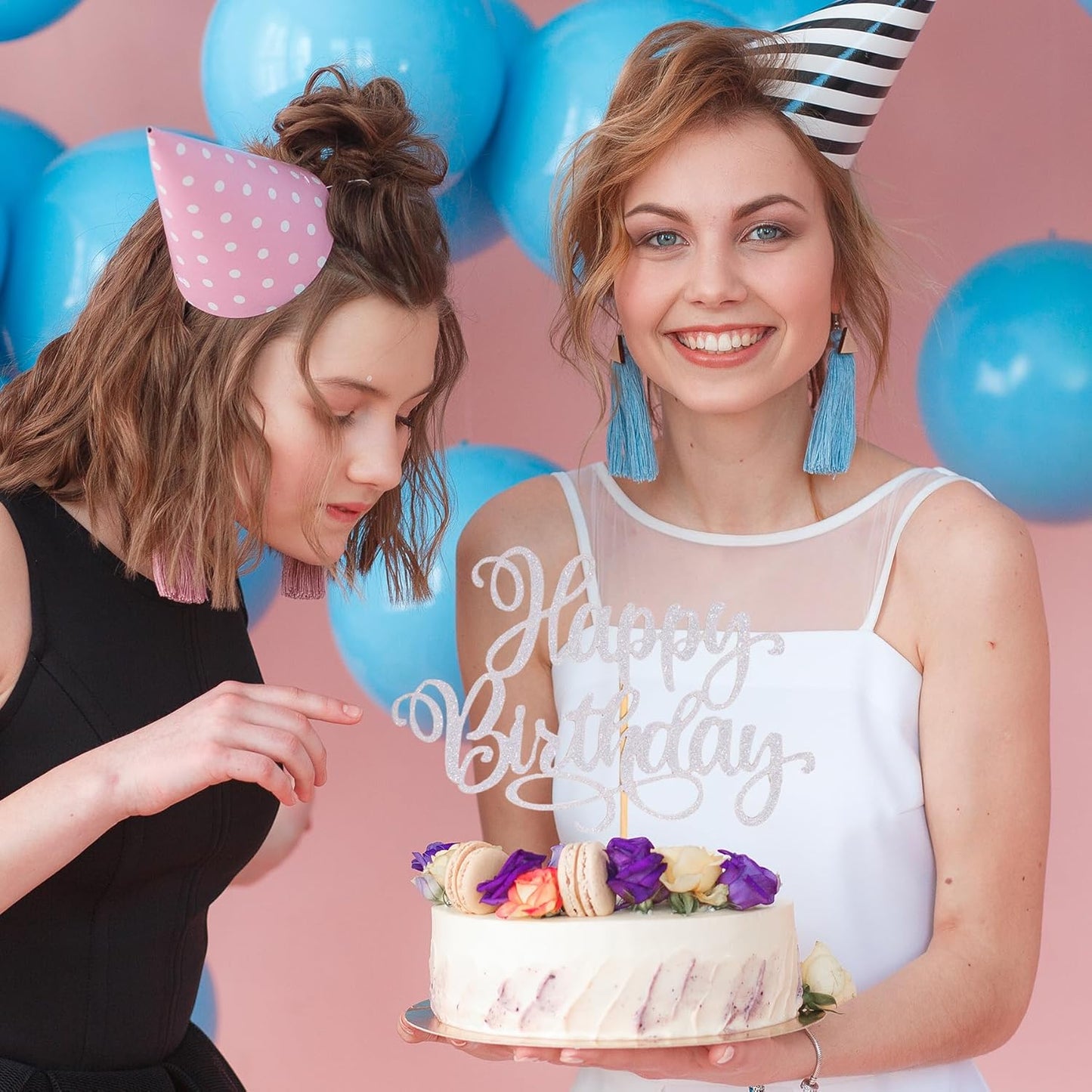 Happy Birthday Cake Toppers 9 Inch Glitter Happy Birthday Cake Pick for Birthday Anniversary Theme Party Cake Decorations Supplies - Silver