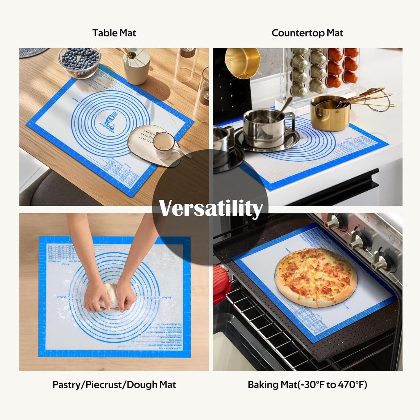 Nonstick Silicone Pastry Baking Mat Large with Measurements 16''By 20'' for Silicone Baking Mat, Counter, Dough Rolling/Pie Crust Pad By Folksy Super Kitchen (16×20, Blue)
