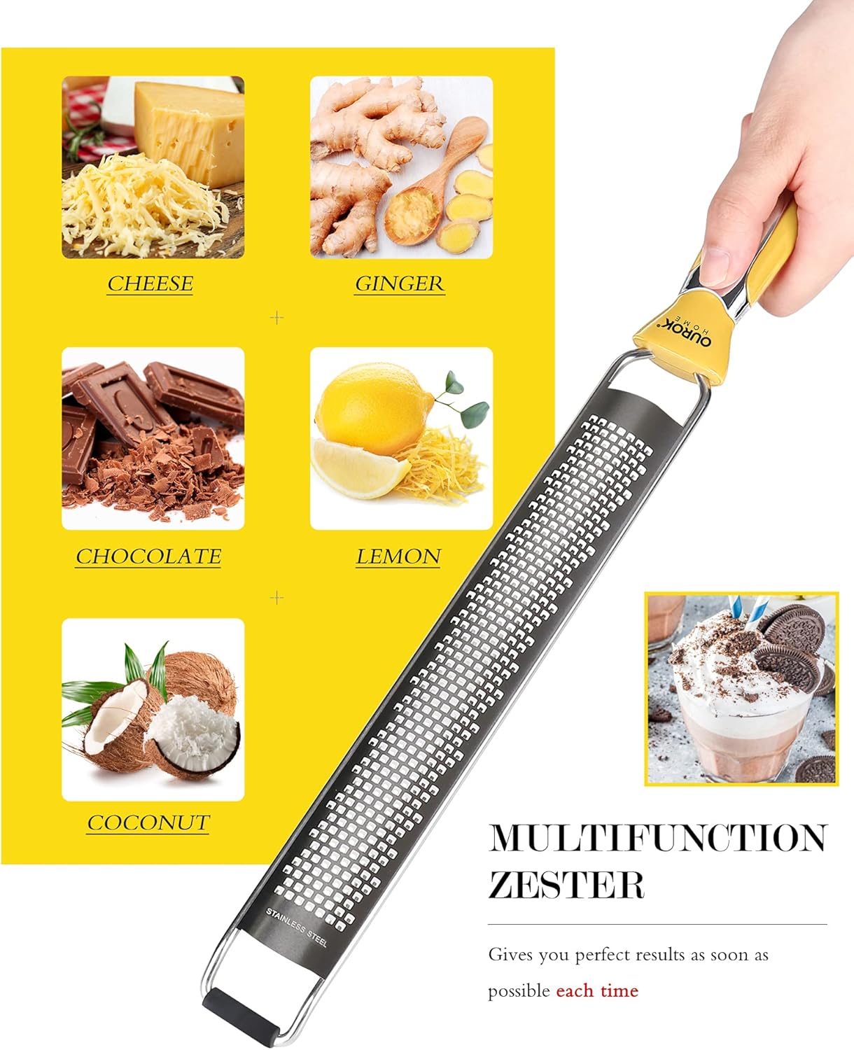 Ourokhome Kitchen Lemon Zester, Stainless Steel Hand Held Parmesan Cheese Grater for Ginger, Chocolate, Coconut, Lime, Nutmeg, Citrus, Fruit, Vegetable with Cleaning Brush, Dishwasher safe, Yellow