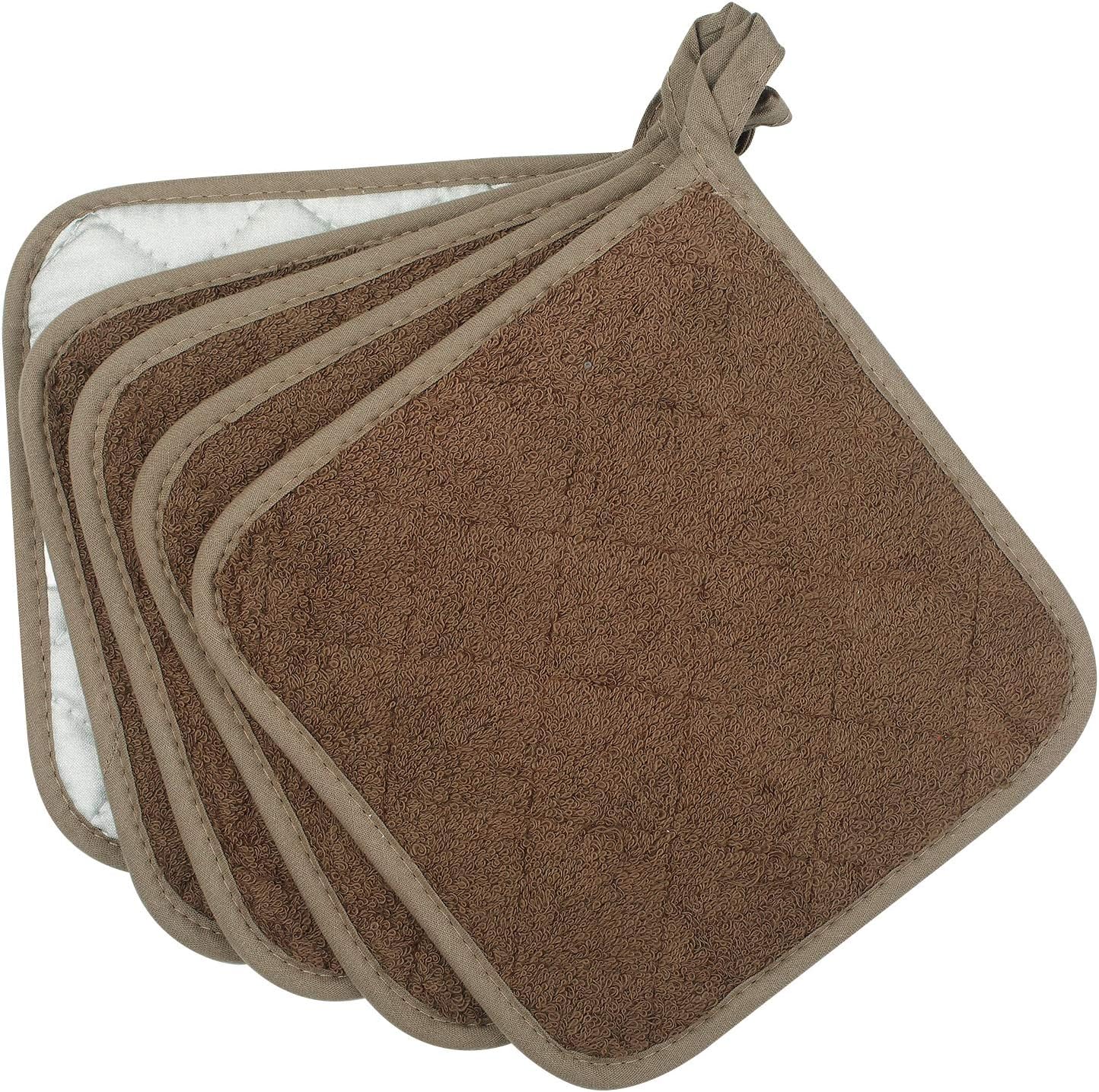 100% Cotton Kitchen Everyday Basic Terry Pot Holder Heat Resistant Coaster Potholder for Cooking and Baking Set of 5 Brown