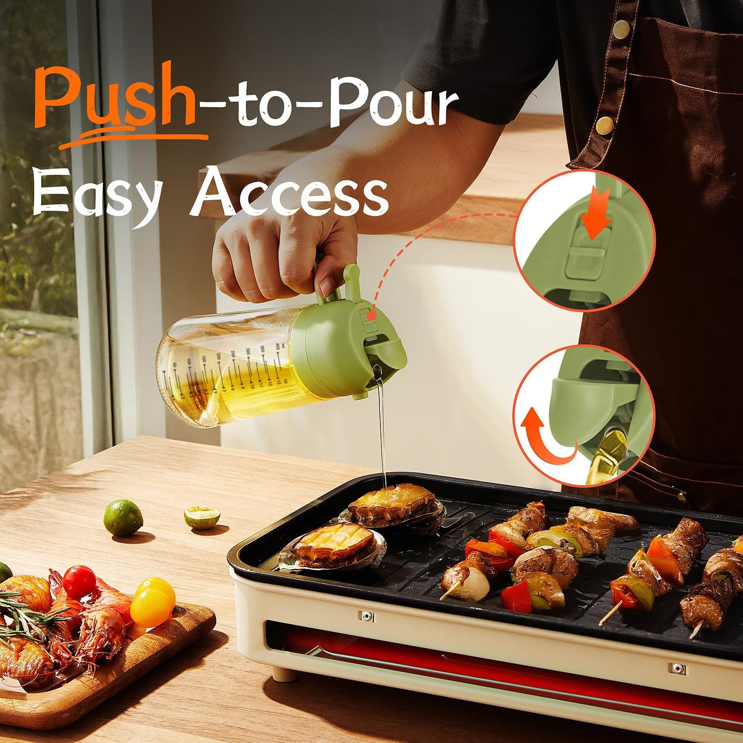 TrendPlain 16oz/470ml Glass Olive Oil Sprayer for Cooking – 2 in 1 Olive Oil Dispenser Bottle for Kitchen Gadgets and Air Fryer Accessories, Salad, BBQ - Green