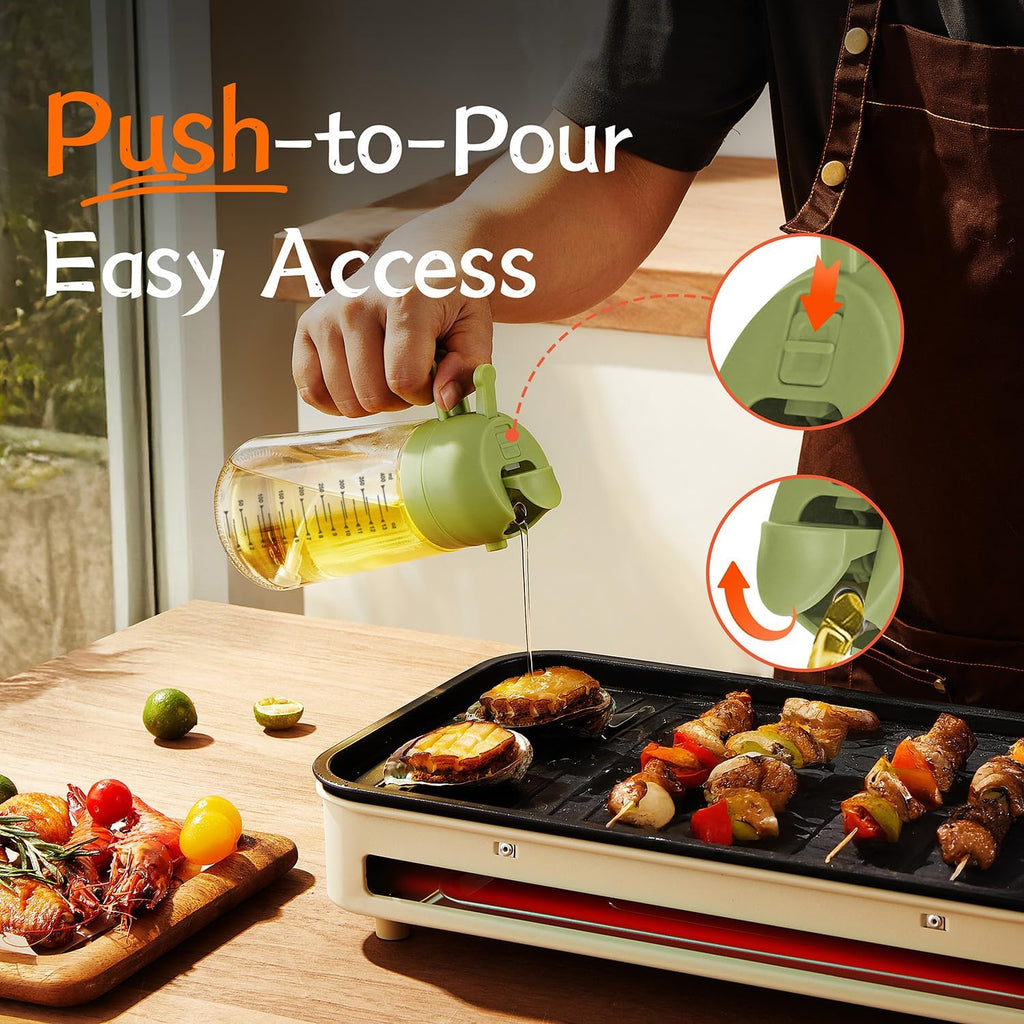 TrendPlain 16oz/470ml Glass Olive Oil Sprayer for Cooking – 2 in 1 Olive Oil Dispenser Bottle for Kitchen Gadgets and Air Fryer Accessories, Salad, BBQ - White & Green