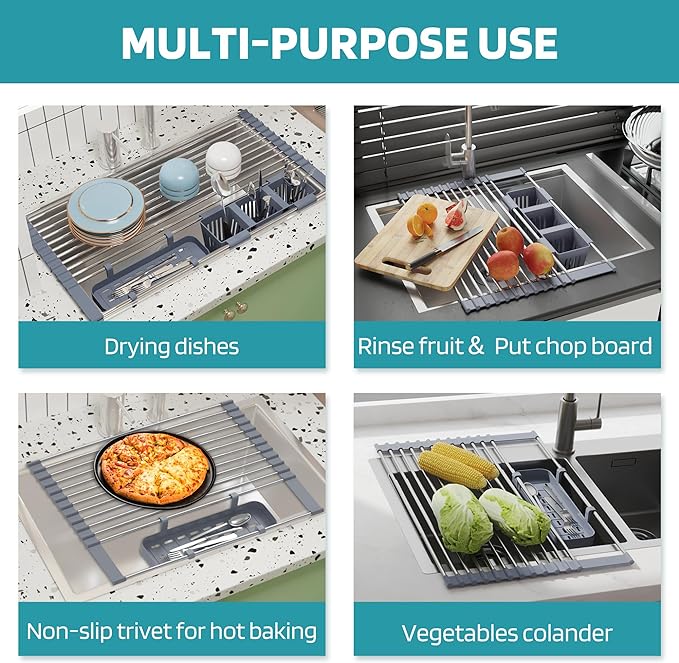 BBXTYLY Expandable Roll Up Dish Drying Rack Up to 22.8''with 2 Storage Baskets - Image 5
