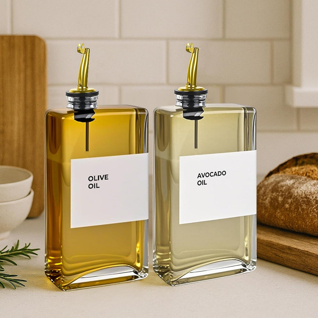 Olive Oil Dispenser Bottle - Includes 44 Kitchen Essential Labels - Cooking Oil Bottles for Kitchen, Coffee Syrup Dispenser - Pourer Spout with 11.8 fl oz Glass Container Cruet - 2pcs, Gold