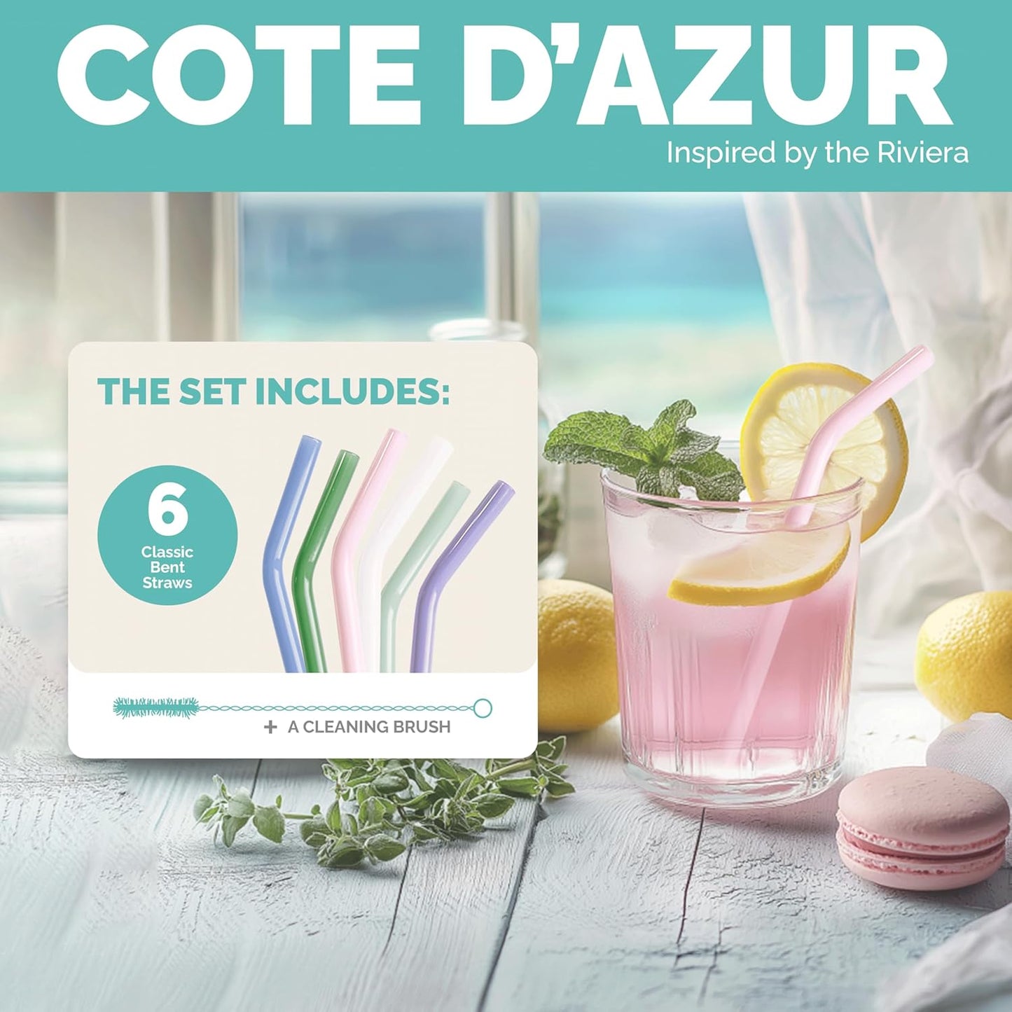 Simply Straws 6 Inch Glass Straws Bent (6-Pack) – Reusable Glass Straws for Low Balls & Stemless Glasses, with Cleaning Brush – Dishwasher Safe, Hot & Cold Use, BPA-Free (Cote d'Azur)