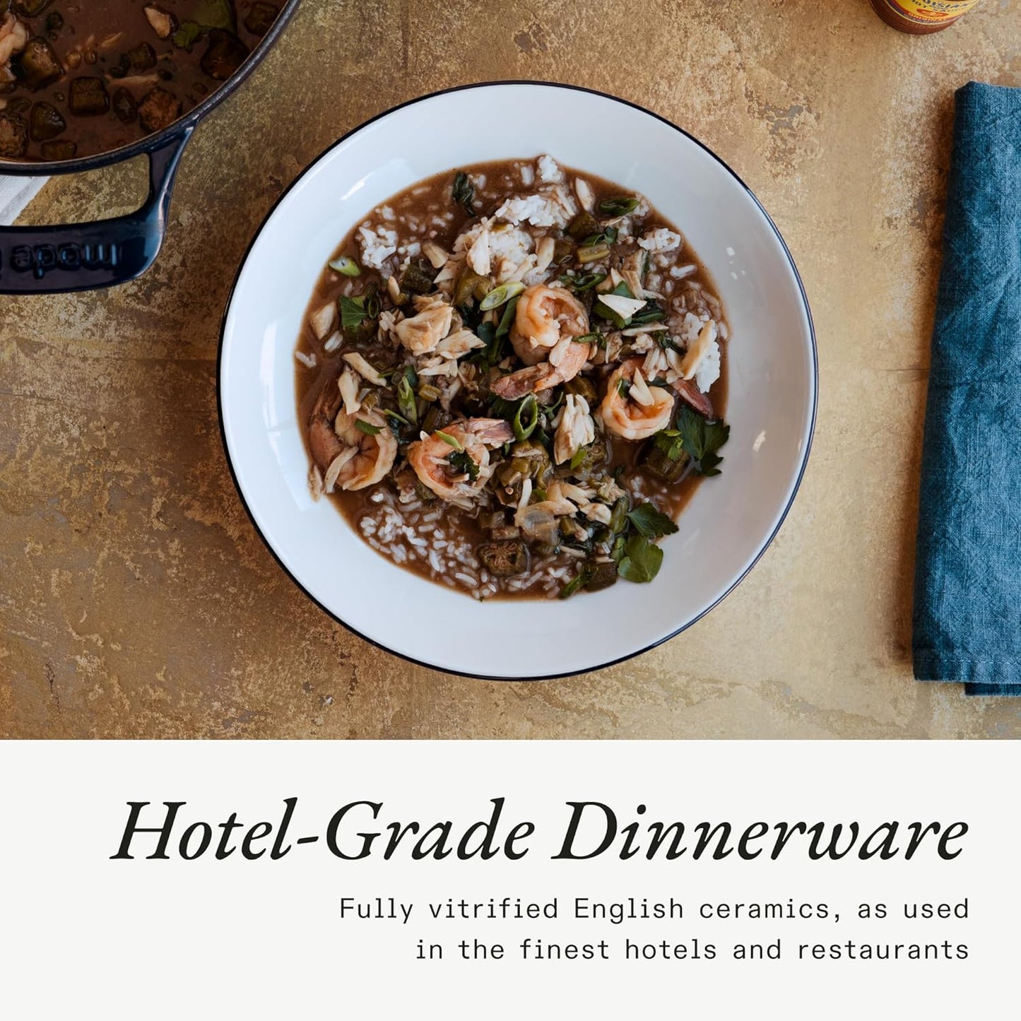 Made In Cookware - Set of 4 - Entrée Bowls - White With Navy Rim - Porcelain - Crafted in England