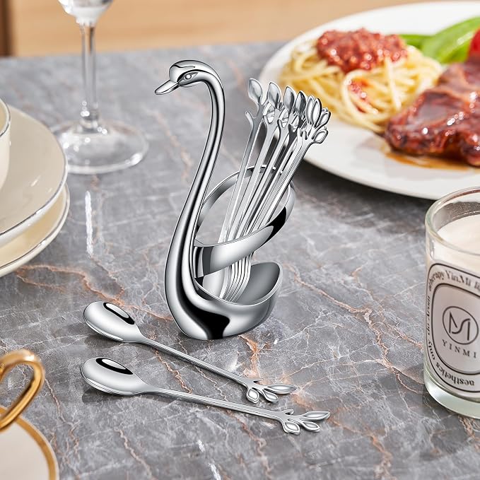 AnSaw Silver Small Coffee Spoon Holder Set, Swan Base - Image 6