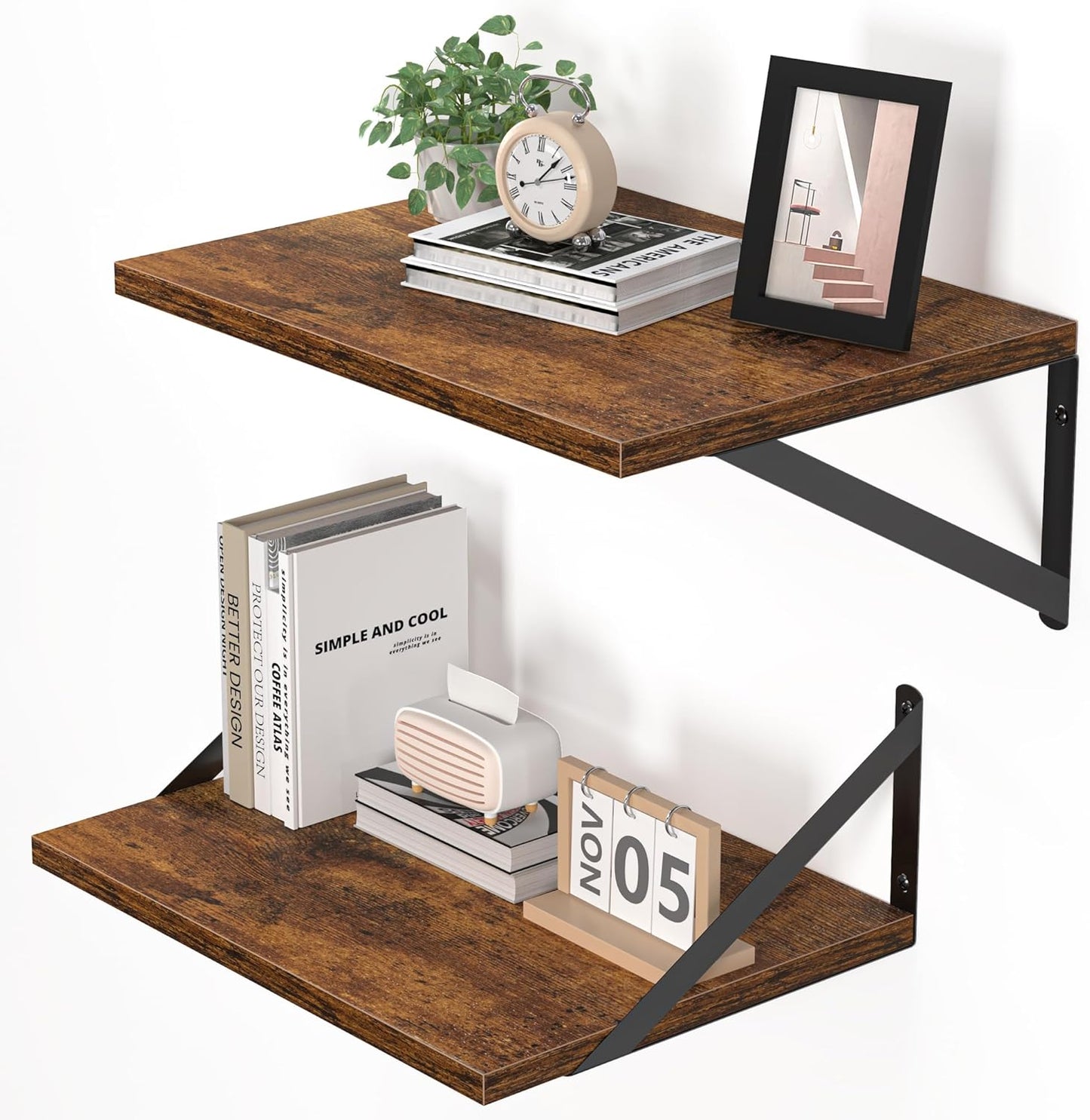 Heimlove Deep Floating Shelves for Wall, 16W x 12D Wood Wall Shelves Set of 2, Wide Floating Bookshelf for Living Room, Kitchen, Office, Bedroom and Decor Storage, with Metal Bracket - Rustic Brown