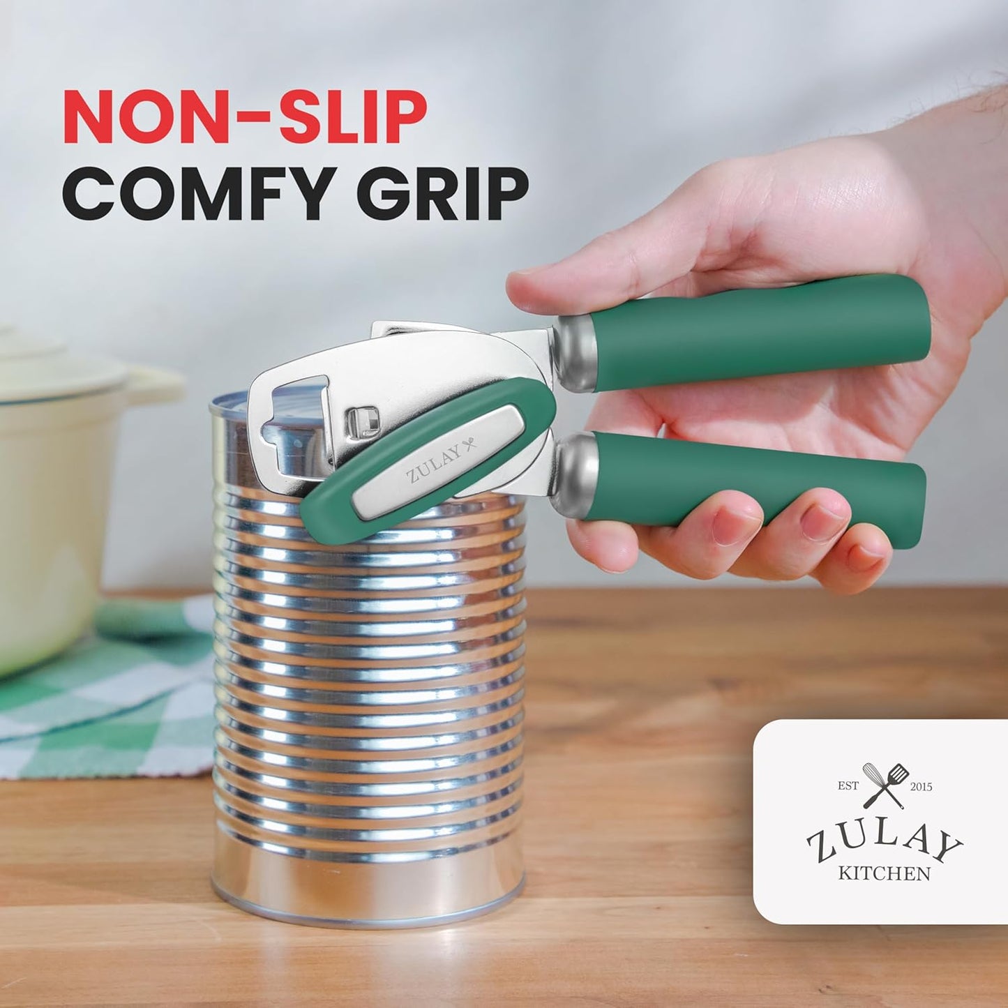 Zulay Kitchen Heavy Duty Stainless Steel Can Opener Manual with Bottle Opener - Rust Proof Manual Can Opener With Turn Knob & Comfy Soft Grip Handles - Pine Green
